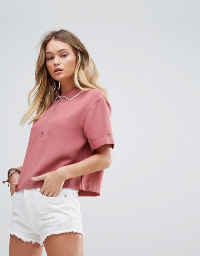 Tommy Hilfiger Denim Cropped Polo T-shirt with Zip ~ pink tops