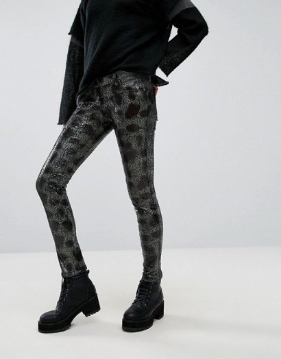 Tripp NYC Flocked Reptile Print Trouser – skinny animal printed trousers - flipped