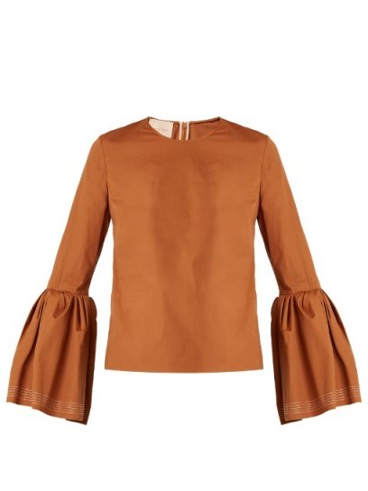 ROKSANDA Truffaut bell-sleeved cotton top ~ tobacco-brown tops - flipped