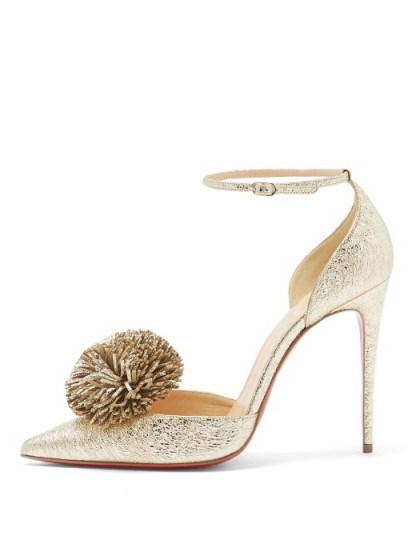 CHRISTIAN LOUBOUTIN Tsarou 100mm pompom-embellished leather pumps ~ metallic gold pom pom shoes ~ luxe courts - flipped