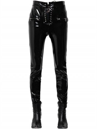 UNRAVEL LACE-UP FAUX PATENT LEATHER PANTS | black shiny skinny trousers - flipped