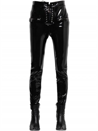 UNRAVEL LACE-UP FAUX PATENT LEATHER PANTS | black shiny skinny trousers