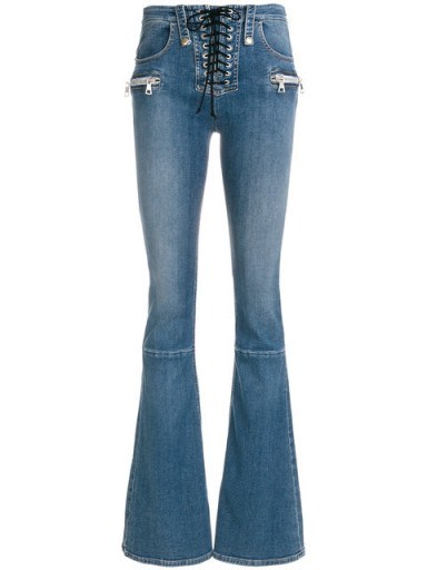 UNRAVEL PROJECT flared jeans | blue denim front lace up fares - flipped