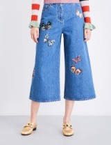 VALENTINO Butterfly-embroidered wide cropped high-rise jeans