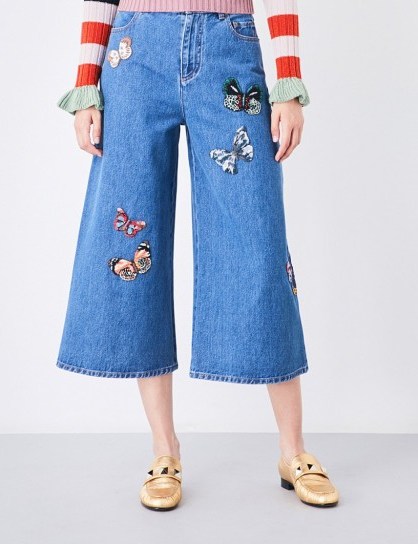 VALENTINO Butterfly-embroidered wide cropped high-rise jeans - flipped