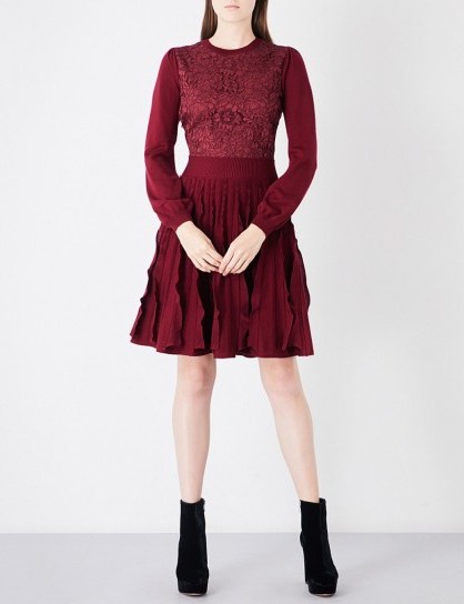 VALENTINO Floral-lace wool-knitted dress ~ dark red dresses ~ luxury designer knitwear - flipped