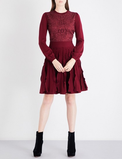 VALENTINO Floral-lace wool-knitted dress ~ dark red dresses ~ luxury designer knitwear
