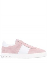 VALENTINO FLY CREW SUEDE & LEATHER SNEAKERS – pink trainers – sports luxe