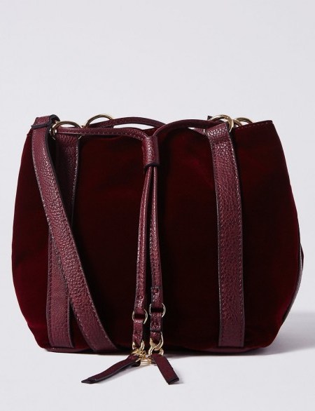 M&S COLLECTION Velvet Drawstring Duffle Bag / Marks and Spencer handbags / burgundy bags - flipped