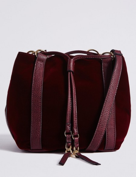 M&S COLLECTION Velvet Drawstring Duffle Bag / Marks and Spencer handbags / burgundy bags