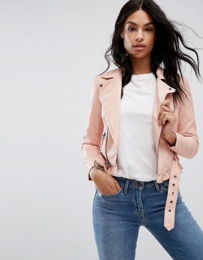 Vero Moda Petite Leather Look Belted Biker Jacket ~ rose-pink jackets - flipped