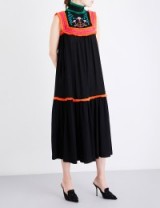 VERONIQUE BRANQUINHO Floral-embroidered ruffle-trim twill maxi | high neck statement dresses