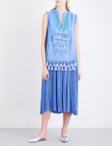 VERONIQUE BRANQUINHO Floral-embroidered tassel-detail crepe midi Celeste ~ blue sleeveless dresses with flower embroidery