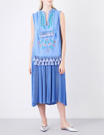 VERONIQUE BRANQUINHO Floral-embroidered tassel-detail crepe midi Celeste ~ blue sleeveless dresses with flower embroidery - flipped