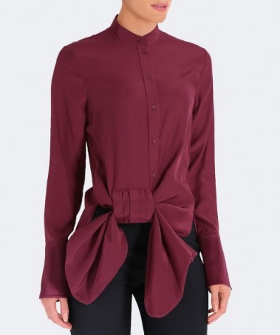 VICTORIA VICTORIA BECKHAM Silk Asymmetric Tux Bow Shirt | burgundy shirts
