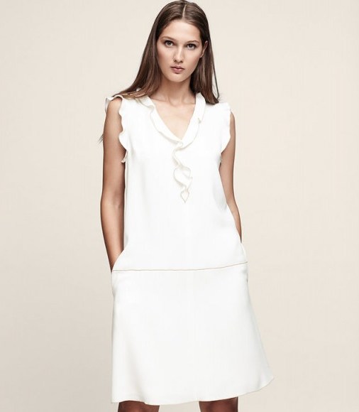 REISS VIVIENNE FRILL-DETAIL SHIFT DRESS OFF WHITE/NUDE - flipped