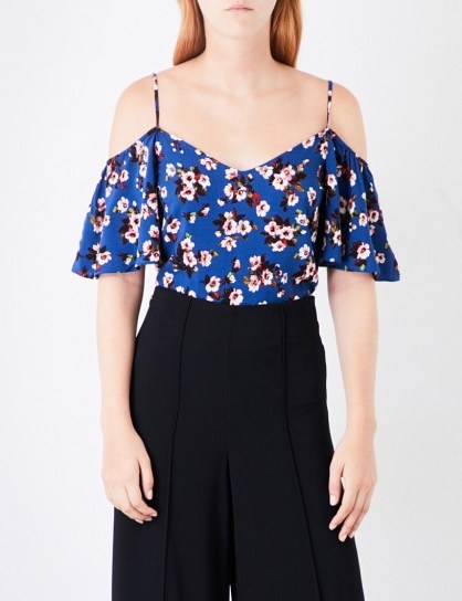 WAREHOUSE Mae floral-print poplin top ~ strappy blue flower printed tops - flipped