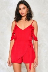 Nasty Gal Warm It Up Cold Shoulder Romper – red wrap style rompers – strappy ruffle playsuits – summer fashion