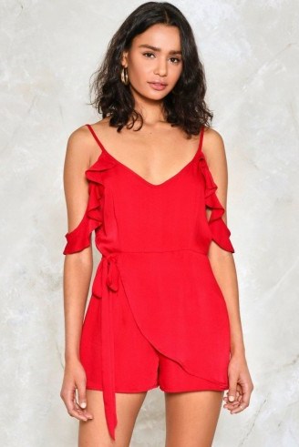 Nasty Gal Warm It Up Cold Shoulder Romper – red wrap style rompers – strappy ruffle playsuits – summer fashion - flipped