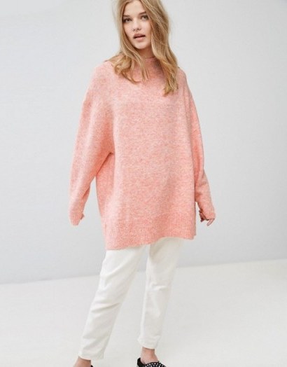 Weekday Fluffy Knit Jumper | long coral oversized jumpers | sweaters - flipped