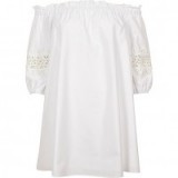 River Island White bardot lace sleeve swing dress – summer off the shoulder dresses – holiday fashion