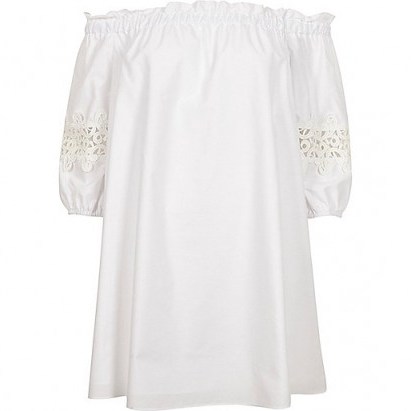 River Island White bardot lace sleeve swing dress – summer off the shoulder dresses – holiday fashion - flipped