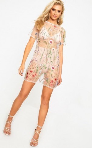 pretty little thing WHITE EMBROIDERED MESH T SHIRT DRESS – sheer party dresses - flipped