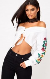 Pretty Little Thing WHITE EMBROIDERED SLEEVE BARDOT TIE FRONT SHIRT