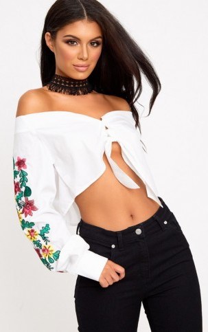 Pretty Little Thing WHITE EMBROIDERED SLEEVE BARDOT TIE FRONT SHIRT - flipped