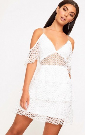 PRETTYLITTLETHING WHITE LACE COLD SHOULDER SHIFT DRESS ~ pretty little thing dresses - flipped
