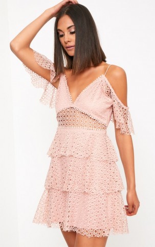 Pretty Little Thing DUSTY PINK LACE COLD SHOULDER SHIFT DRESS