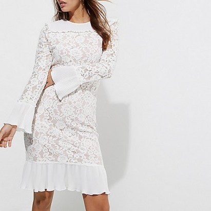 River Island White lace pleated hem bodycon midi dress ~ frill edged party dresses - flipped