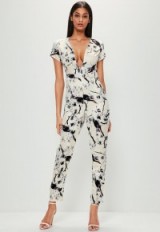 MISSGUIDED white silky oriental print plunge jumpsuit