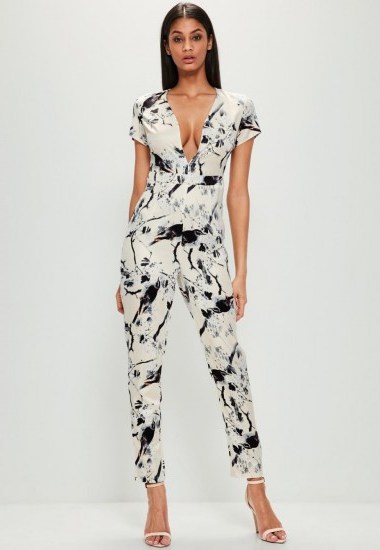 MISSGUIDED white silky oriental print plunge jumpsuit - flipped
