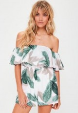 missguided white tropical leaf print bardot playsuit