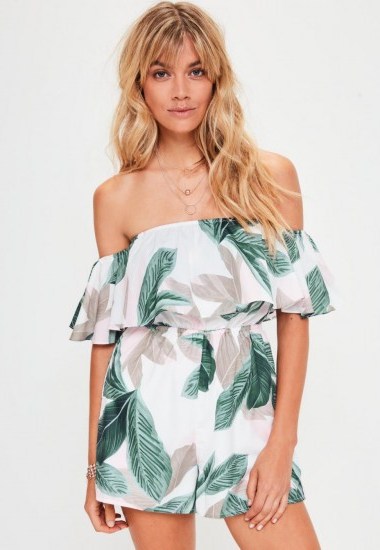 missguided white tropical leaf print bardot playsuit - flipped