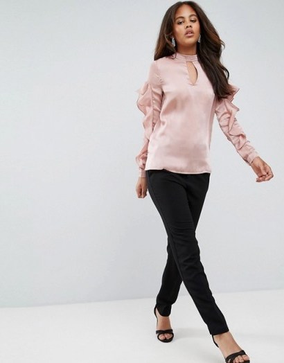 Y.A.S Tall Ruffle Detail Satin Blouse ~ rose-pink blouses - flipped