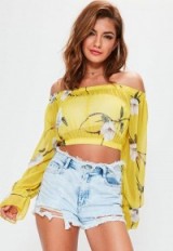 Missguided yellow bardot floral mesh crop top