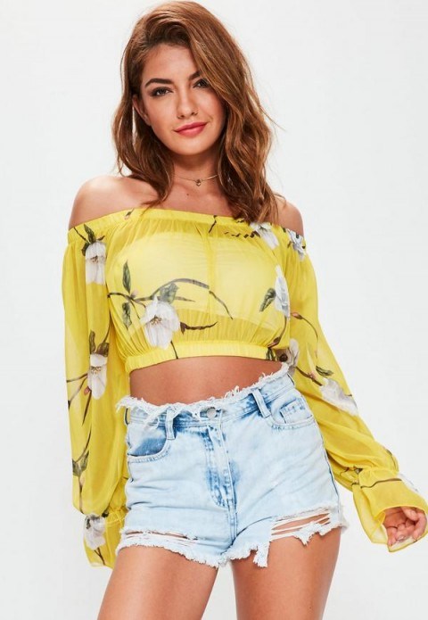 Missguided yellow bardot floral mesh crop top - flipped