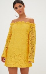 Pretty Little Thing YELLOW BARDOT LACE SWING DRESS ~ off the shoulder dresses