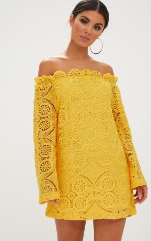 Pretty Little Thing YELLOW BARDOT LACE SWING DRESS ~ off the shoulder dresses - flipped