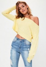 MISSGUIDED yellow brushed off the shoulder knitted jumper | bardot jumpers | knitwear