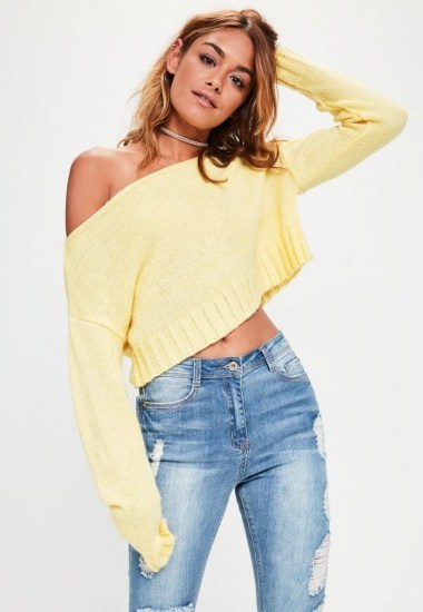 MISSGUIDED yellow brushed off the shoulder knitted jumper | bardot jumpers | knitwear - flipped