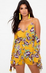pretty little thing YELLOW FLORAL COLD SHOULDER CHIFFON PLAYSUIT