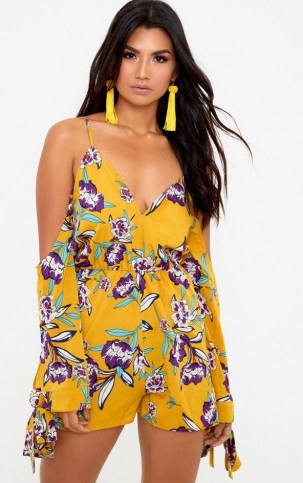 pretty little thing YELLOW FLORAL COLD SHOULDER CHIFFON PLAYSUIT - flipped