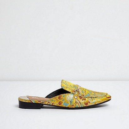 River Island Yellow floral print snaffle backless loafers | luxe style slip on flats | statement flat shoes - flipped