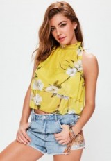 MISSGUIDED yellow high neck floral printed layered top