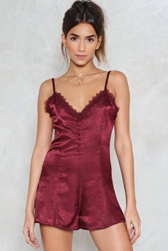 Nasty Gal You Really Got Me Satin Romper – strappy burgundy rompers - flipped