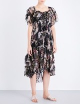 ZIMMERMANN Curacao Palm off-the-shoulder silk-georgette midi dress ~ black frilled floral dresses