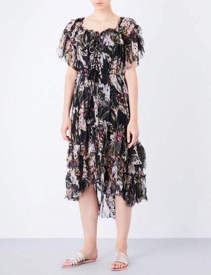 ZIMMERMANN Curacao Palm off-the-shoulder silk-georgette midi dress ~ black frilled floral dresses - flipped